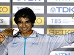 India’s Neeraj Chopra celebrating during the podium ceremony.