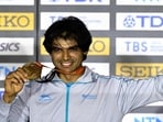 India’s Neeraj Chopra celebrating during the podium ceremony for the men’s javelin throw