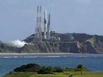 H-IIA launch vehicle number 47 is seen on the launching pad at Tanegashima Space Center on the southwestern island of Tanegashima, Japan.