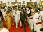 Telangana chief minister K Chandrasekhar Rao with Governor Tamilisai Soundararajan.