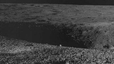 A crater (L) that the Chandrayaan-3 Rover Pragyan encountered on Aug. 27, 2023 (PTI) A crater (L) that the Chandrayaan-3 Rover Pragyan encountered on Aug. 27, 2023 (PTI)
