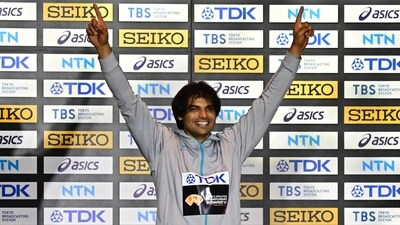 India's Neeraj Chopra celebrates on the podium. (Reuters)