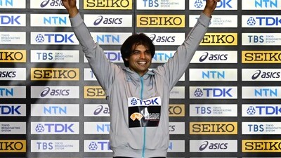 India's Neeraj Chopra celebrates on the podium. (Reuters)