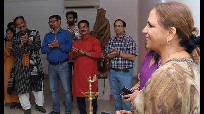 Artist Durga Kainthola during her exhibition currently underway at Kala Srot Art Gallery in Lucknow
