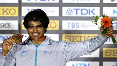 India’s Neeraj Chopra celebrating during the podium ceremony. (HT_PRINT) India’s Neeraj Chopra celebrating during the podium ceremony. (HT_PRINT)