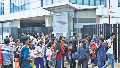 Mumbai, India - Aug 28, 2023 : Students who are reaching to appear for the Talathi exam are not allowed to enter the examination centre even though they have reached two minutes before reporting time. As per the rules students are allowed to enter the examination centre five minutes before the actual exam starts. Around 25 students are protesting outside the TCS examination centre, Filtar Pada Road, Powai, in Mumbai, India, Monday, Aug 28, 2023. (Photo by Vijay Bate/HT Photo) Mumbai, India - Aug 28, 2023 : Students who are reaching to appear for the Talathi exam are not allowed to enter the examination centre even though they have reached two minutes before reporting time. As per the rules students are allowed to enter the examination centre five minutes before the actual exam starts. Around 25 students are protesting outside the TCS examination centre, Filtar Pada Road, Powai, in Mumbai, India, Monday, Aug 28, 2023. (Photo by Vijay Bate/HT Photo)