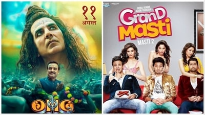 OMG 2's poster featuring Akshay Kumar and Pankaj Tripathi (left); Grand Masti was an adult-comedy that was released in 2013. OMG 2's poster featuring Akshay Kumar and Pankaj Tripathi (left); Grand Masti was an adult-comedy that was released in 2013.
