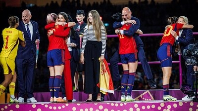 Spain's Jennifer Hermoso celebrates with President of the Royal Spanish Football Federation Luis Rubiales after the Women World Cup final match (REUTERS)