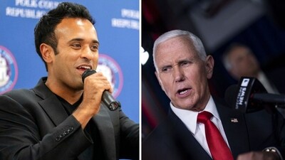 Vivek Ramaswamy (L) suggested that Mike Pence (R) missed a "historic opportunity" to make changes on January 6, 2021 (Photographer: Al Drago/Bloomberg, Zach Boyden-Holmes/The Des Moines Register via AP) Vivek Ramaswamy (L) suggested that Mike Pence (R) missed a "historic opportunity" to make changes on January 6, 2021 (Photographer: Al Drago/Bloomberg, Zach Boyden-Holmes/The Des Moines Register via AP)