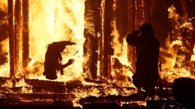 A Burning Man participant (L) evades a chasing firefighter and falls into the flames of the ‘Man Burn’ after evading the attempted tackles of multiple rangers and law enforcement personnel at the 2017 Burning Man festival. Injuries from the burns left the man dead several hours later. (Reuters) A Burning Man participant (L) evades a chasing firefighter and falls into the flames of the ‘Man Burn’ after evading the attempted tackles of multiple rangers and law enforcement personnel at the 2017 Burning Man festival. Injuries from the burns left the man dead several hours later. (Reuters)
