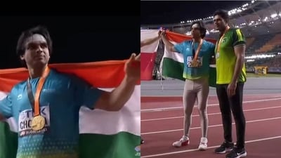 Separated by less than a metre, Neeraj Chopra won a historic gold while Arshad Nadeem picked up the silver medal Separated by less than a metre, Neeraj Chopra won a historic gold while Arshad Nadeem picked up the silver medal