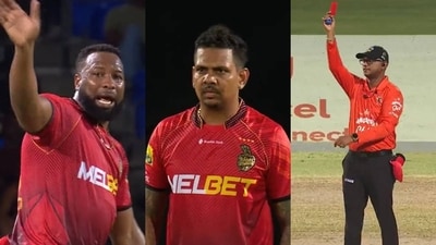Sunil Narine had completed his quota of four overs, with figures of 24-3, before being sent off Sunil Narine had completed his quota of four overs, with figures of 24-3, before being sent off