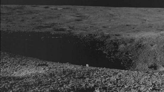 A crater (L) that the Chandrayaan-3 Rover Pragyan encountered on Aug. 27, 2023 (PTI)