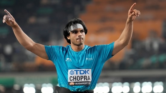 Neeraj Chopra reacts after winning the gold medal in the World Athletics Championships in Budapest, Hungary (AP)