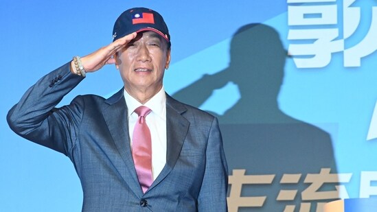 Former Foxconn Founder Terry Gou salutes during a press conference in Taipei on August 28, 2023. Gou announced that he will run for president of Taiwan as an independent candidate. (Photo by Sam Yeh / AFP) (AFP)