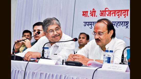 While Chandrakant Patil (L) summoned the meeting on Monday, Pawar also showed up and was observed assuming control of the proceedings. (HT PHOTO)