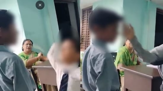 The students took turns slapping their fellow student even as the teacher watched on. (Screengrab)