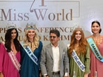 Miss World Karolina Bielawska, Miss world India Sini Shetty, Miss World America Shree Saini, Miss World Caribbean Emmy Pena, Miss World England Jessica Gagen and others during a press conference at Kashmir International Convention Centre (KICC) in Srinagar. (Waseem Andrabi/Hindustan Times)