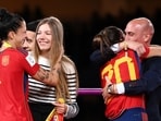 Spain's defender #20 Rocio Galvez is congratuled by President of the Royal Spanish Football Federation Luis Rubiales Spain's defender #20 Rocio Galvez is congratuled by President of the Royal Spanish Football Federation Luis Rubiales