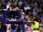 Coco Gauff of the United States speaks to the chair umpire after a point against Laura Siegemund during their Women's Singles First Round match at the 2023 US Open