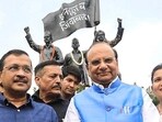 Lieutenant governor VK Saxena and chief minister Arvind Kejriwal at Shaheedi Park on Tuesday. (Raj K Raj/HT Photo) Lieutenant governor VK Saxena and chief minister Arvind Kejriwal at Shaheedi Park on Tuesday. (Raj K Raj/HT Photo)
