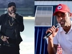 Eminem performing Lose Yourself at the Academy Awards (Left) and Vivek Ramaswamy rapping the song in Iowa)