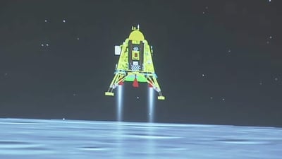 A view of Chandrayaan-3's Vikram Lander during its soft landing from the live telecast of the lander on the Moon's surface at Indian Space Research Organisation(ISRO)'s headquarters, in Bengaluru, India on August 23. (ISRO)