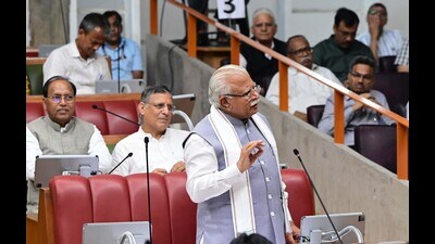 CM Manohar Lal Khattar during the Haryana Vidhan Sabha monsoon session in Chandigarh on Tuesday. (Keshav Singh/HT) CM Manohar Lal Khattar during the Haryana Vidhan Sabha monsoon session in Chandigarh on Tuesday. (Keshav Singh/HT)