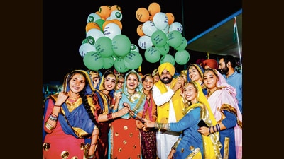 Chief minister Bhagwant Mann during the inauguration of the second edition of ‘Khedan Watan Punjab Dian’ at an event at Bathinda’s Shaheed Bhagat Singh Stadium on Tuesday. (Twitter) Chief minister Bhagwant Mann during the inauguration of the second edition of ‘Khedan Watan Punjab Dian’ at an event at Bathinda’s Shaheed Bhagat Singh Stadium on Tuesday. (Twitter)