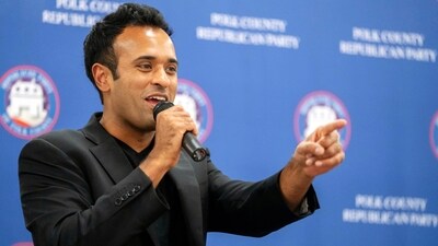 Republican presidential hopeful Vivek Ramaswamy speaks at the Polk County Summer Sizzle fundraising event in Clive, Iowa, Friday, Aug. 25, 2023. (Zach Boyden-Holmes/The Des Moines Register via AP) (AP) Republican presidential hopeful Vivek Ramaswamy speaks at the Polk County Summer Sizzle fundraising event in Clive, Iowa, Friday, Aug. 25, 2023. (Zach Boyden-Holmes/The Des Moines Register via AP) (AP)