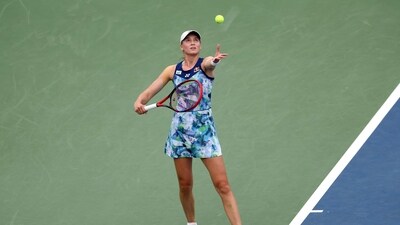 Elena Rybakina of Kazakhstan serves against Marta Kostyuk of Ukraine during their Women's Singles First Round match on Day One of the 2023 US Open (Getty Images via AFP) Elena Rybakina of Kazakhstan serves against Marta Kostyuk of Ukraine during their Women's Singles First Round match on Day One of the 2023 US Open (Getty Images via AFP)