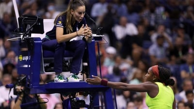 Coco Gauff of the United States speaks to the chair umpire after a point against Laura Siegemund during their Women's Singles First Round match at the 2023 US Open (Getty Images via AFP) Coco Gauff of the United States speaks to the chair umpire after a point against Laura Siegemund during their Women's Singles First Round match at the 2023 US Open (Getty Images via AFP)
