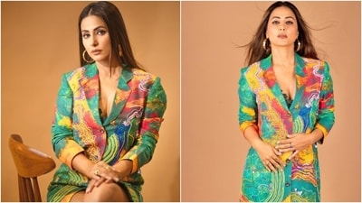 Hina Khan dropped the photos on her page with the caption, "Stay chic [green heart emoji]." Celebrity stylist Sunakshi Kansal styled Hina in the mini-length ensemble. It is from the shelves of the clothing label Advait. It is called the Kota Blazer Dress and is worth  <span class='webrupee'>₹</span>20,000 on the label's website. (Instagram)