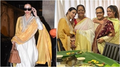 Malaika Arora wore an elegant silk suit and embroidered dupatta for Onam celebrations. (Instagram ) Malaika Arora wore an elegant silk suit and embroidered dupatta for Onam celebrations. (Instagram )