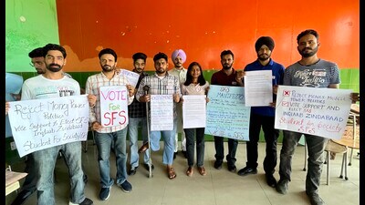 Members of Students For Society with their manifesto for the upcoming PU elections. (HT PHOTO) Members of Students For Society with their manifesto for the upcoming PU elections. (HT PHOTO)