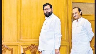 Mumbai, India - July 16, 2023: CM Eknath Shinde and Dy CM Ajit Pawar, before addressing to media on eve of Monsoon Assebly, at Sahayadri Guest House, which starts from tomorrow at Vidhan Bhavan, in Mumbai, India, on Sunday, July 16, 2023. (Photo by Anshuman Poyrekar/ Hindustan Times) (Hindustan Times) Mumbai, India - July 16, 2023: CM Eknath Shinde and Dy CM Ajit Pawar, before addressing to media on eve of Monsoon Assebly, at Sahayadri Guest House, which starts from tomorrow at Vidhan Bhavan, in Mumbai, India, on Sunday, July 16, 2023. (Photo by Anshuman Poyrekar/ Hindustan Times) (Hindustan Times)