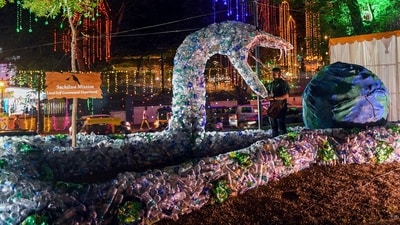 A snake-like installation by a team of imaginative young minds with 20,000 plastic bottles on behalf of the Suchitwa Mission, at the main venue of the Onam week celebrations, in Thiruvananthapuram. (PTI) A snake-like installation by a team of imaginative young minds with 20,000 plastic bottles on behalf of the Suchitwa Mission, at the main venue of the Onam week celebrations, in Thiruvananthapuram. (PTI)