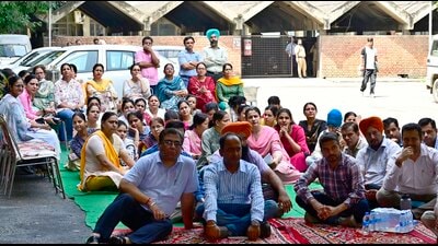 Punjab Agricultural University Teachers’ Association during the sit-in on Tuesday. (Gurpreet Singh/HT)