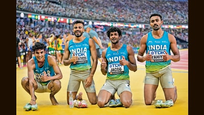 The Indian men’s 4x400m relay broke the Asian record at the World Athletics Championships, in Budapest. (Photo: Petr David Josek/AP) The Indian men’s 4x400m relay broke the Asian record at the World Athletics Championships, in Budapest. (Photo: Petr David Josek/AP)