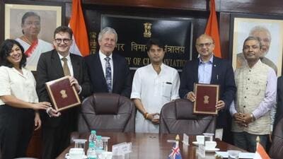 The MoU was signed in the presence of Union civil aviation minister Jyotiraditya Scindia and New Zealand minister Damien O’ Connor. (image posted by Jyotiraditya M Scindia on X (formerly Twitter)) The MoU was signed in the presence of Union civil aviation minister Jyotiraditya Scindia and New Zealand minister Damien O’ Connor. (image posted by Jyotiraditya M Scindia on X (formerly Twitter))