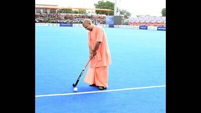U.P. chief minister Yogi Adityanath trying his hands at hockey in Jhansi on August 29. (HT photo) U.P. chief minister Yogi Adityanath trying his hands at hockey in Jhansi on August 29. (HT photo)