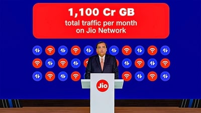 Reliance Industries Chairman Mukesh Ambani speaks during the 46th Annual General Meeting of Reliance Industries Limited, on Monday, (PTI) Reliance Industries Chairman Mukesh Ambani speaks during the 46th Annual General Meeting of Reliance Industries Limited, on Monday, (PTI)