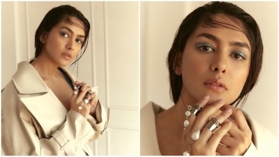 With the help of make-up artist Pooja Rohira Fernandes, Mrunal got decked up in green eye shadow with crystals, mascara-coated lashes, blushed cheeks and a shade of nude lipstick. (Instagram/@mrunalthakur) With the help of make-up artist Pooja Rohira Fernandes, Mrunal got decked up in green eye shadow with crystals, mascara-coated lashes, blushed cheeks and a shade of nude lipstick. (Instagram/@mrunalthakur)