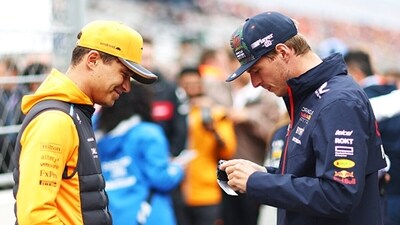 Max Verstappen (R) and Lando Norris after the race. (Getty) Max Verstappen (R) and Lando Norris after the race. (Getty)