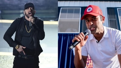 Eminem performing Lose Yourself at the Academy Awards (Left) and Vivek Ramaswamy rapping the song in Iowa) Eminem performing Lose Yourself at the Academy Awards (Left) and Vivek Ramaswamy rapping the song in Iowa)