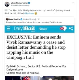 Vivek Ramaswamy's tweet about Eminem Vivek Ramaswamy's tweet about Eminem