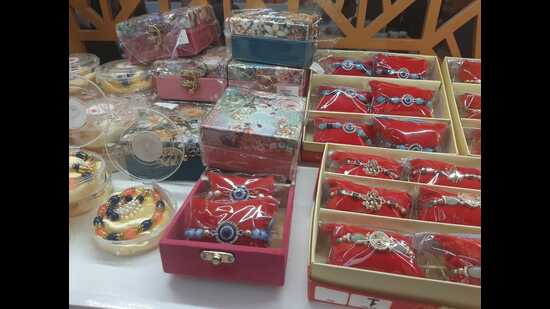 An assortment of evil eye rakhis on display in a store in Lucknow (HT Photo)