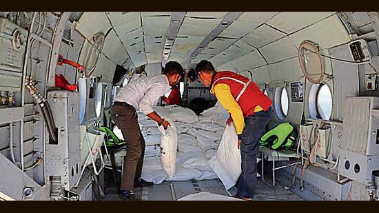 Chief minister Sukhvinder Singh Sukhu and senior leadership of the state also used the IAF choppers for assessment of ground situation. (BIrbal Sharma/HT)