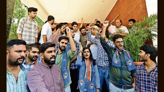 Congress leader Kanhaiya Kumar along with ABVP members who joined the NSUI at Congress Bhawan in Chandigarh. (Ravi Kumar/HT)