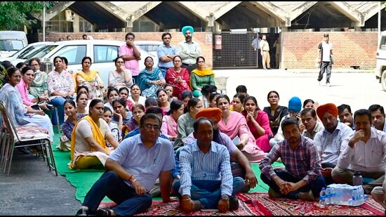 Punjab Agricultural University Teachers’ Association during the sit-in on Tuesday. (Gurpreet Singh/HT)